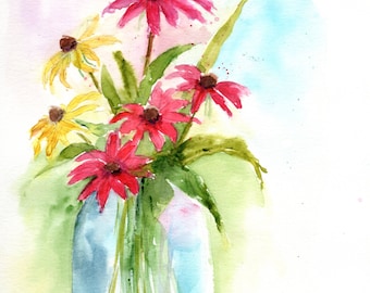Original Watercolor Painting of Colorful Flowers in a Glass Vase – Summer Vibes Floral Art
