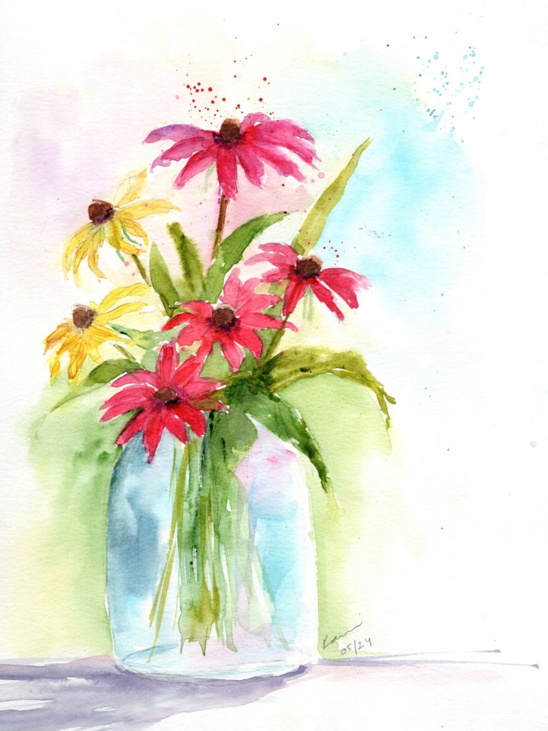 Original Watercolor Painting of Colorful Flowers in a Glass Vase ...