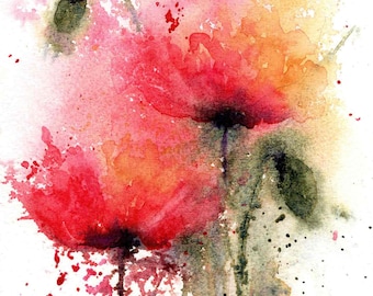 May include: Watercolor painting of two red poppies with yellow centers, set against a white background with splattered paint.