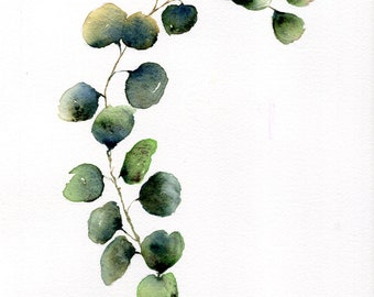 May include: Watercolor painting of a branch with green leaves. The leaves are painted in shades of green and blue, and the branch is a thin brown line.