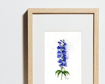 Aquarellmalerei mit blauen Blumen, Minimal Art, kein Druck