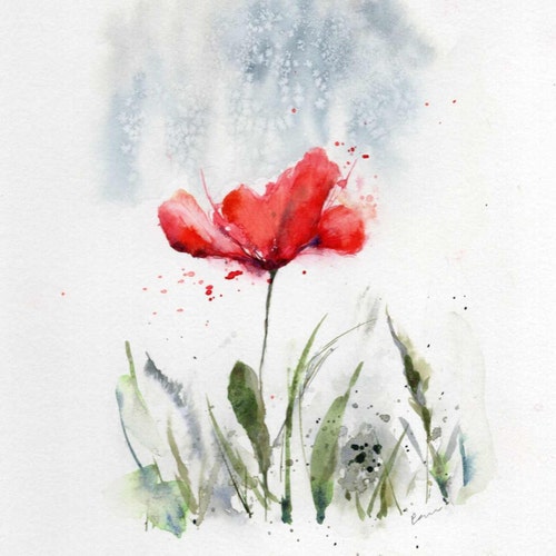 オリジナルの花の水彩画：ガラスの花瓶に入ったカラフルな花、6x9