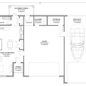 40x60 Boat Garage with Studio Apartment - 680 SF Living Area - PDF Design Plans - Right Read Reverse