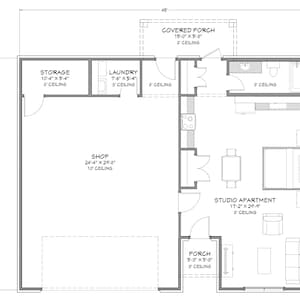 36x45 Garage with Studio Apartment - 680 SF Living Area - PDF Design Plans