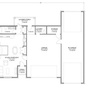 Garaje para RV de 50x60 con apartamento tipo estudio - Superficie habitable de 680 pies cuadrados - Planos de diseño en PDF - Lectura a la derecha y al revés