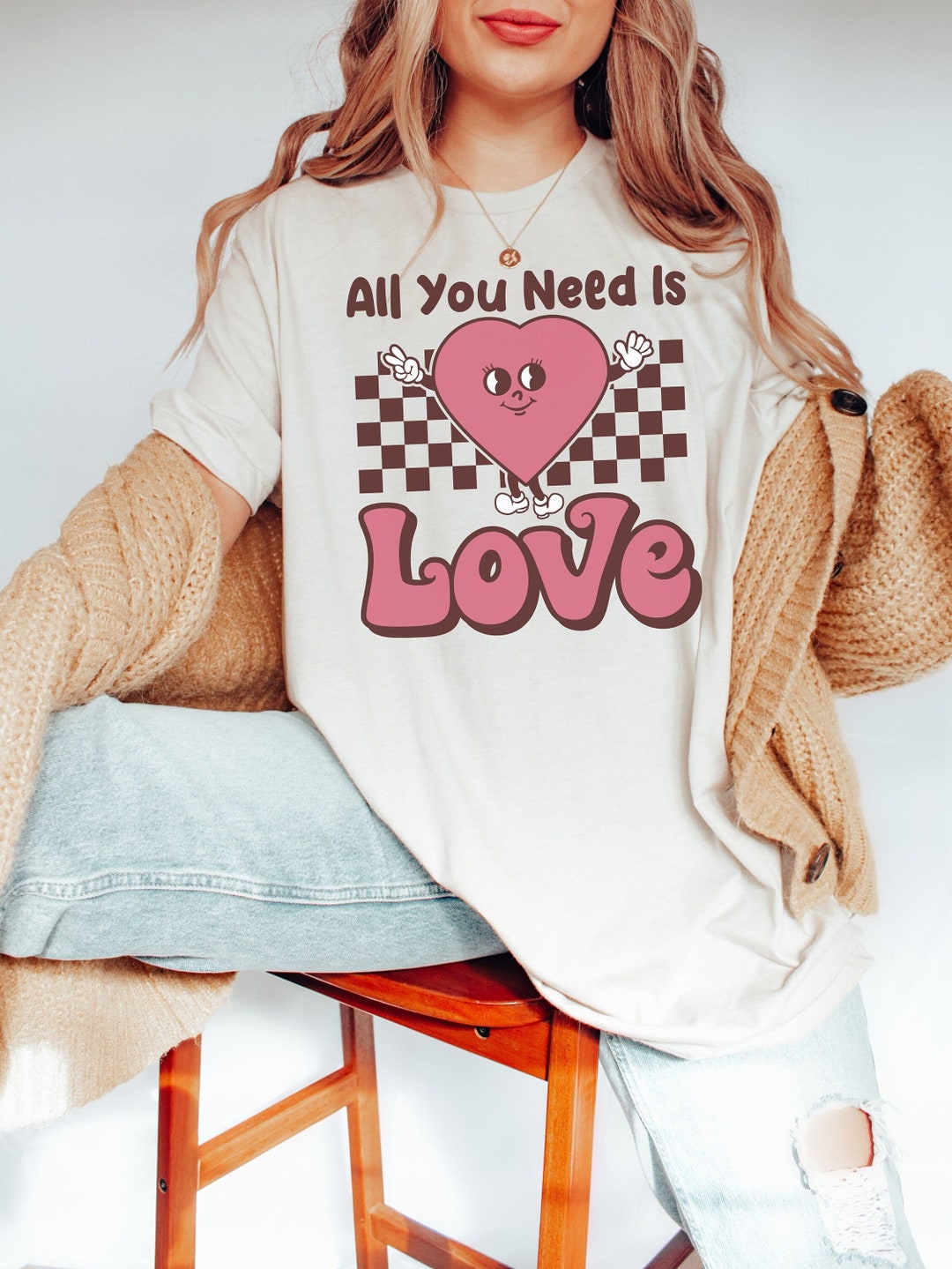 All You Need is Love T Shirt, Checkboard Graphic Tee, Retro Cartoon