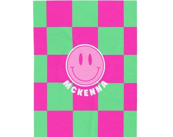 preppy blanket pink blanket smiley face blanket trendy room decorations pink and green preppy blanket checkered personalized name blanket