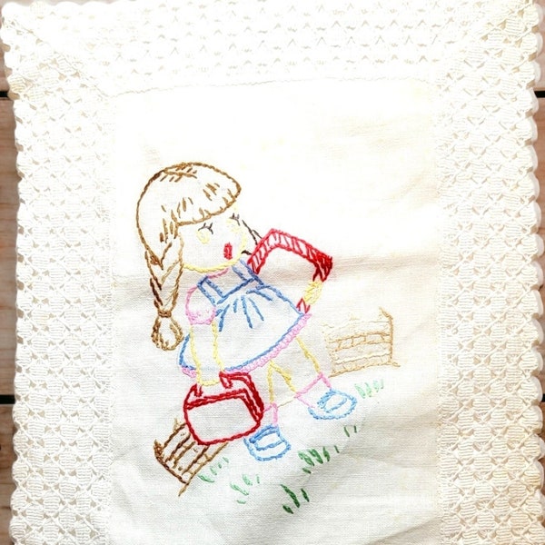 Vintage Hand Embroidered Little Girl with Schoolbook Fabric with Lace Framed Edges Set of 2 Vintage Linens Free Shipping