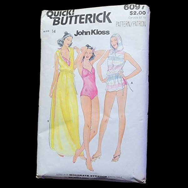 Butterick 6097 John Kloss Badeanzug & Cover Up Ungeschnitten Vintage 1970er Jahre Schnittmuster Größe 14 Oberweite 36 Zoll Stretch Knits VERSANDKOSTENFREI