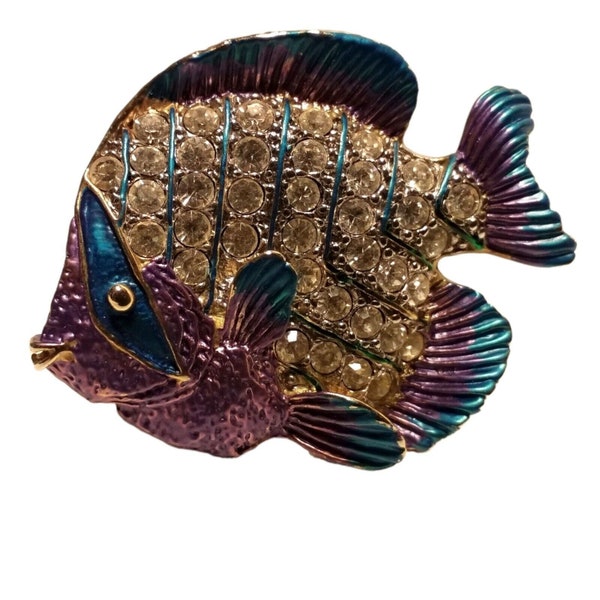 Fish Brooch Crystal Rhinestone Enamel Pin Vintage Costume Jewelry Fishing Gift FREE SHIPPING