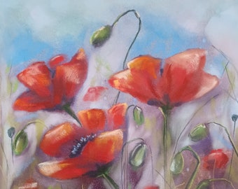 Petals Red Arise to Flight, Soft Pastel Painting, Poppy Art, Landscape Art, Fine Art, Meadow Art, Home Decor, Impressionistic Painting