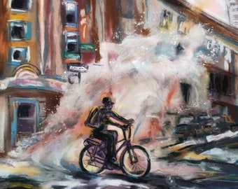 Big Splash, Soft Pastel Painting, 9.5 × 12, Street Scene Art, Urban Landscape Art, Fine Art, Original Painting, Impressionistic Painting