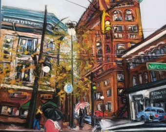 Intersection on a Drizzly Day, Soft Pastel Painting, 9.5 × 12, Fine Art, Drawings, Paintings, Street Scene Art, Urban Art, Rainy Day Art