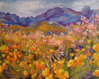 Desert Landscape with Bright Yellow-Orange Wildflowers, Original Pastel Painting