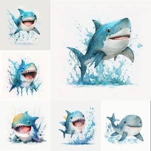 Clipart mignons petits requins | Animaux mignons PNG | Art mural de pépinière marine | Clipart animaux aquatiques | Douche de bébé mignonne | Art de décor de pépinière