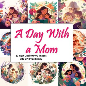 New Mother&#39;s Day Watercolor Clipart Bundle featuring Mom and Me, Includes digital prints of mother and daughter/son artwork.