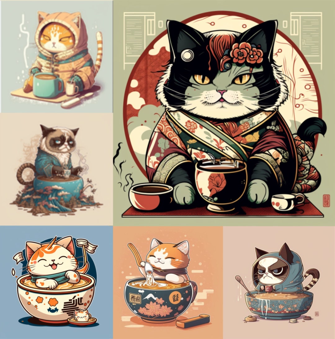 Japanese Cats Cute Cats Digital Clipart Cat Wearing Kimino Etsy