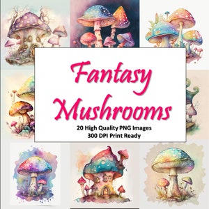 Enchanting Watercolor Mushrooms Clipart, Fairytale Toadstool House in Pastel Colors HD PNG Format for Instant Download and Commercial Use