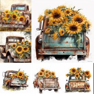12 PNG Clipart Vintage Chevy Truck Clipart with Watercolor Sunflower Flower, Spring Clipart