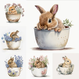 Cute Bunny Clipart Watercolor - Bunny in a Cup, Spring Animal, Little Bunny, Little Rabbit, Little Animal Floral, Nursery Animals, 13 PNG&#39;s
