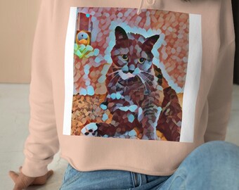 Women's Cat sweatshirt, Kitty Crop Hoodie, Feline lovers top. Gift for her