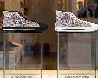 Kaleidoscope Kitten High-Top Sneakers, Abstract Feline Art Footwear