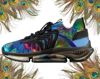 Peacock feather Men's sneakers, neon Mesh tennis shoes, gym, exercise, fitness, footwear