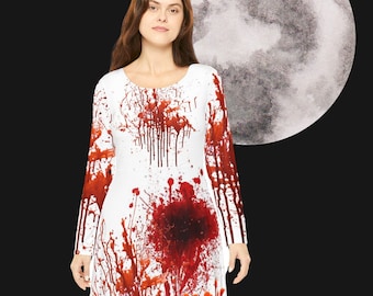 Murder Dress Women's Long Sleeve Dance Dress, Blood Splattered crime scene clothing, Dead Evil Zombie, Wiccan Witchcraft Halloween, Cosplay