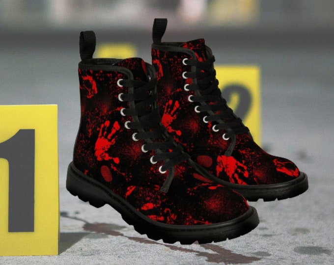 Featured listing image: Men's Crime scene chunky low heel combat boots, blood pattern, bloody hands Canvas Boots, Vampire, Gothic, Devil