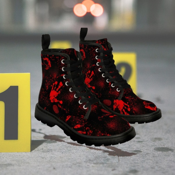 Men's Crime scene chunky low heel combat boots, blood pattern, bloody hands Canvas Boots, Vampire, Gothic, Devil
