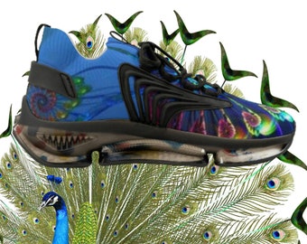 Mesh Sneakers, Men's Peacock Printed Designed feather sneakers, Blue Black tennis shoes, gym  exercise fitness footwear