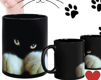 Black & White Tuxedo kitty coffee cup, white paws kitten ceramic mug, Halloween, great gift, Cat lover feline
