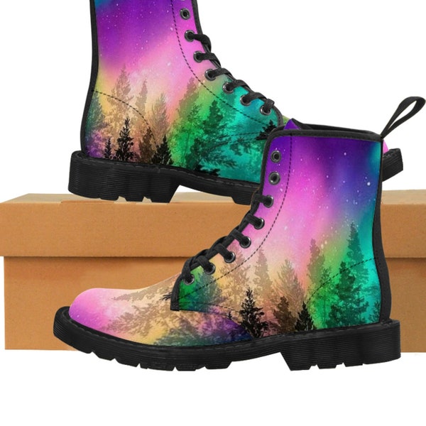 Grandes botas de combate al aire libre, bota de tacón bajo grueso con estampado de auroras boreales para mujer, botas de lona con cordones, botas de disfraces cosplay, Halloween