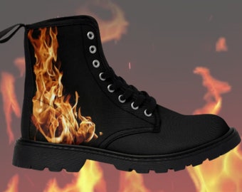Gothic Style Fire & Flames Women Combat Boots - Burning Fire Canvas Boots - FireFighter Boots - Blazing Fire Boots #boots