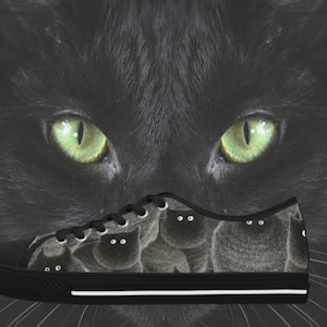 Scary Black Cat Women&#39;s Low Top Sneakers, Love Black Cats shoes, Halloween footwear, Gothic, Feline basketball shoes. Crazy cat people shoes
