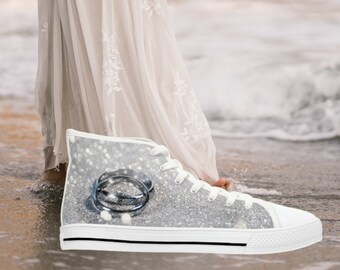 Wedding Day I Do sneakers,  Silver Glitter Bridal shoes, Bride tennis shoes, Women's High-Top Sneakers, gift for her, Wedding Reception