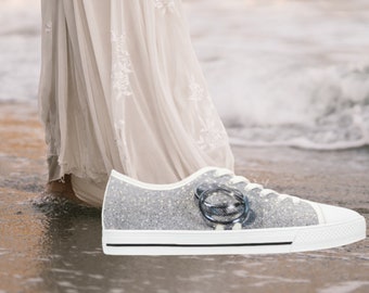 Wedding Silver rings & Glitter Shoes, Bridal Women's Low Top Sneakers, Brides Tennis Shoes, Reception, Gift from Maid of Honor Bridesmaids