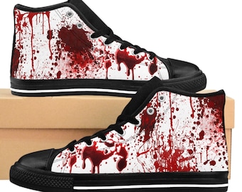 Gothic Style Murder Bloody Crime Scene Sneakers, Gothic Wiccan Satanic shoes, Halloween party shoes, vampire blood splatter, Horror evil