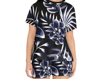 Flower black & white unique Women's Short Pajama Set, Stylish jamimies for her.  Gift for birthday Anniversary or I love you