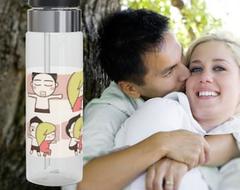 Sports water bottle, liquid container, flip top. Funny couples spooning cartoon