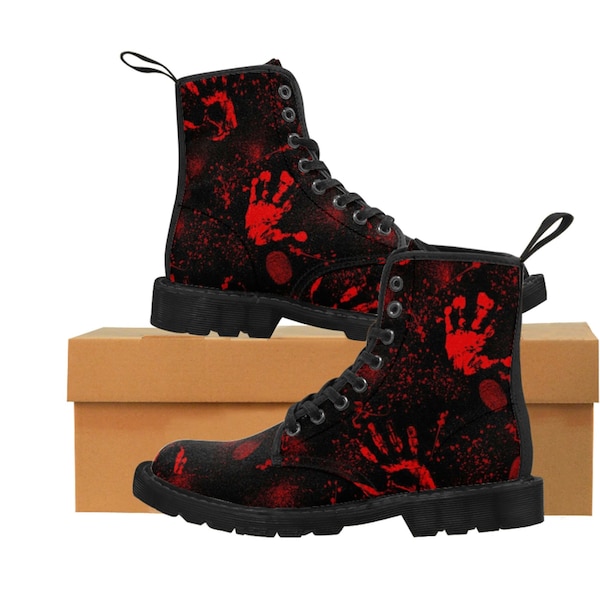 Crime scene bloody hand pattern men's combat boots, chunky low heel Canvas Boots, Vampire, Gothic, Devil, Halloween, Cosplay