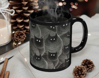 Black cats 11oz Black Mug, spooky feline mug, Scary kitten coffee cup, Halloween, gift for cat lovers
