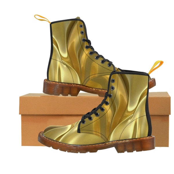 Men's Gold Satin Sheer Canvas Boots, million dollar chunky low heel military style combat boots, Shoe designed for a king or queen.