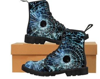 Gothic Style Men's Glass Bullet holes chunky low heel combat boots, Shots shattered glass, Gun weapon holes Canvas Boots