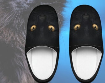 Black Cat Women Indoor Slippers, Gothic Feline House Shoes, Halloween Cat Eyes, Cat Lovers Gift, Halloween Slippers