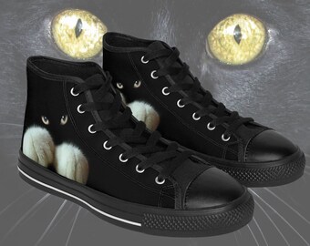 Cat lovers High Top Sneakers, Women's Black & white cat Canvas sneakers, Golden Cat eye Converse Style, Tuxedo Cat tennis shoes, Halloween