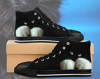 Gift for her Cat Women's High Top Sneakers - Black & White Cat Canvas with Gold Eyes. For Halloween and Gothic #CatSneakers #Tuxedocat