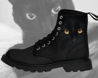 Feline Chic Black Cat Combat Boots - Women's Tuxedo Cat Chunky Heel, Perfect for Work, Halloween, Cosplay! #CatLoverFashion #HalloweenBoots"