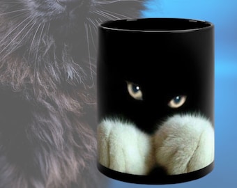 Black & White Tuxedo cat coffee mug, white paws kitten ceramic mug, Halloween, great gift, Cat lover feline