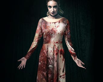 Corpse Bloody Scabby Women's Long Sleeve Dance Dress | Gothic Halloween Costume, Zombie Cosplay Outfit, Twirl in Style